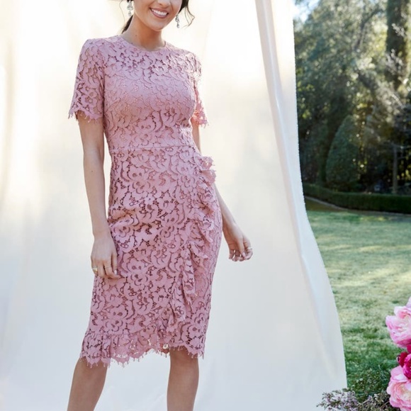 Rachel parcel ruffle front lace sheath dress